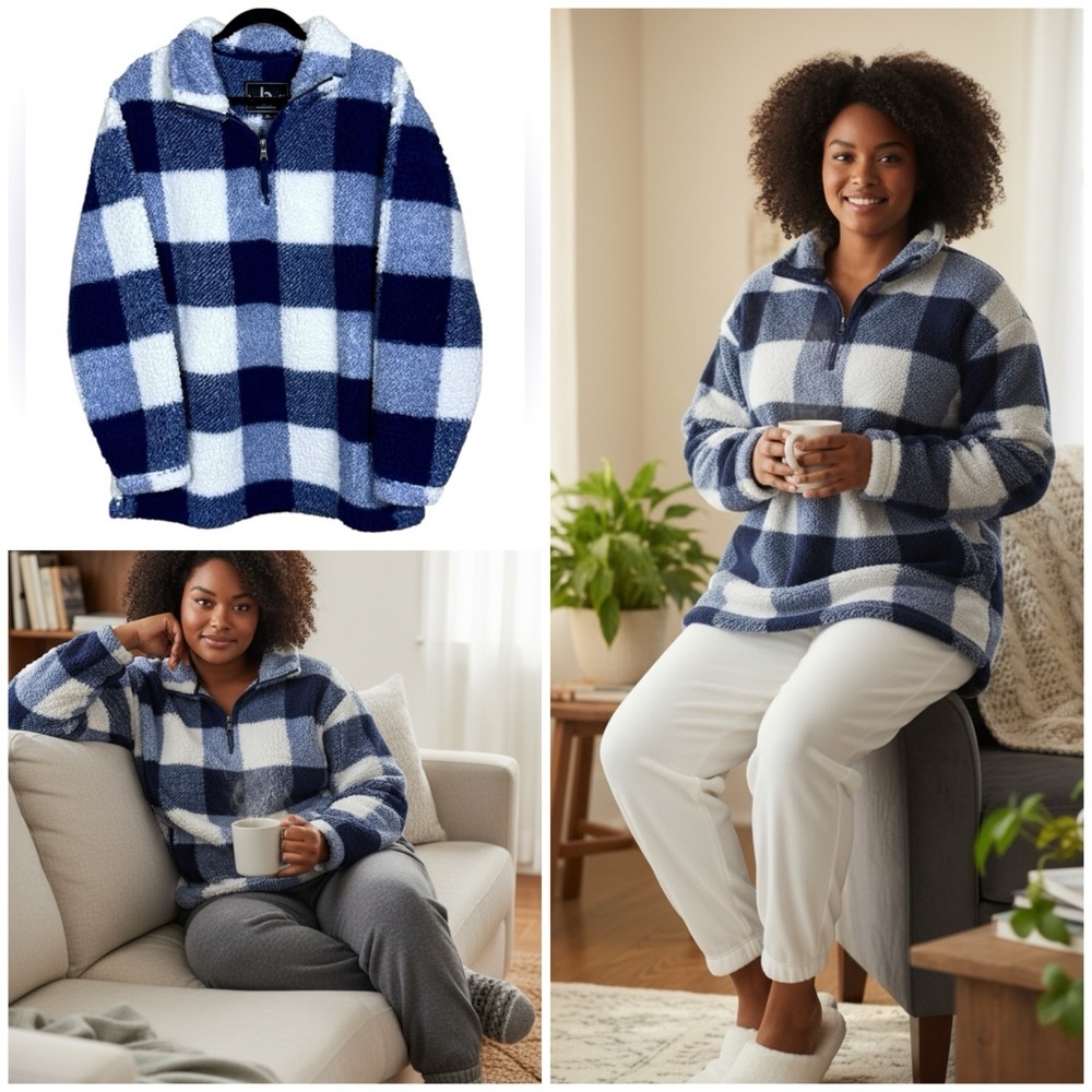Boxercraft Buffalo plaid Navy Blue Sherpa Oversized Pullover Women's Size XL